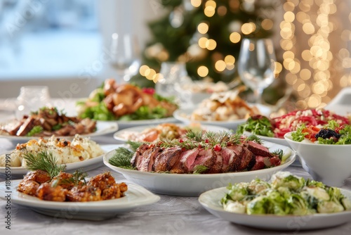 Fototapeta Naklejka Na Ścianę i Meble -  Celebrating holiday dinner with delicious feast and various dishes