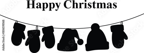 Happy christmas with hanging mittens isolated on white background