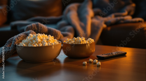 Cozy Cinema Night: A close-up shot captures the inviting ambiance of a home cinema night, featuring a table adorned with bowls of popcorn and a remote control, with a warm.