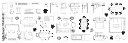 Furniture outline top view. Floor plan icons set for design interior and architectural project. CAD drawings