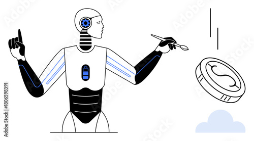 AI robot with digital components tossing a coin, highlighting decision-making, finance automation. Ideal for technology, AI, fintech, automation, innovation choices future trends. Simple flat