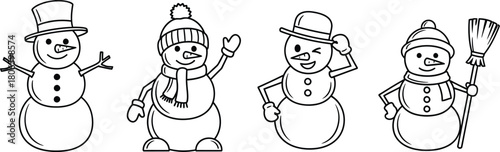 Four cheerful snowmen characters with different accessories and expressions, isolated on white background