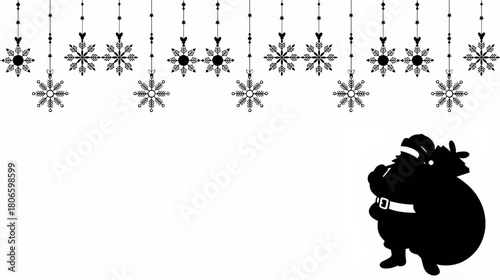 Black silhouette of a girl with a fan in a blue Christmas floral snowflake vector border frame pattern
