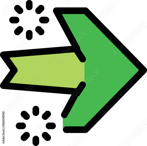 Green arrow is moving forward, with loading symbol, representing progress, speed, and fast uploading or downloading