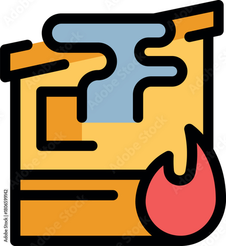 Small wooden house is burning with smoke and flames, concept of house fire or wildfire