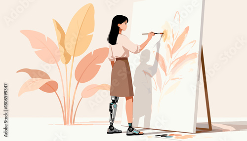 Young woman painting on canvas with prosthetic leg in bright studio  