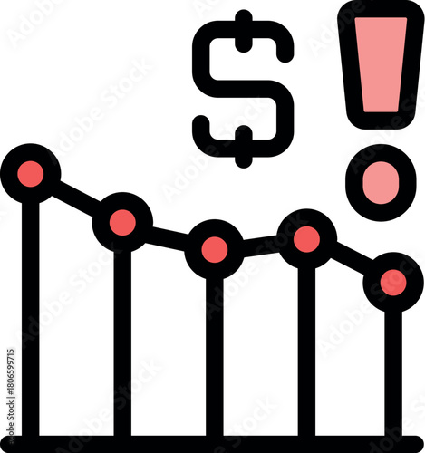Red line graph is rapidly declining, indicating financial trouble and uncertainty in the market