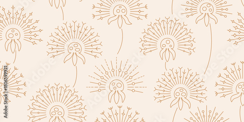 Thin line minimalist beige wild dandelions. Botanical vector seamless pattern with fluffy flower silhouette