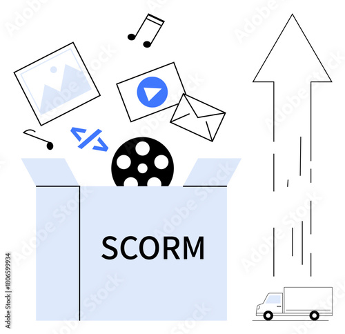 Box labeled SCORM releasing media, code, and files with an arrow signifying progress and delivery vehicle. Ideal for e-learning, LMS, technology, digital education, content sharing, innovation