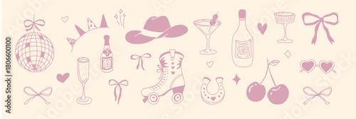 Joyful cowgirl party setup featuring hats, boots, cocktails, and colorful retro lights. Whimsical and vibrant mood ideal for event promotion, social media posts, and modern western themes.