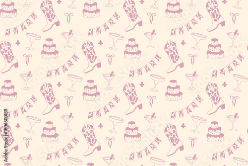 A chic cowgirl-inspired pattern with hand-drawn hats and subtle denim-inspired backgrounds, evoking casual western style.