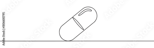 A continuous one-line drawing of a pill capsule, symbolizing medicine, health, and treatment