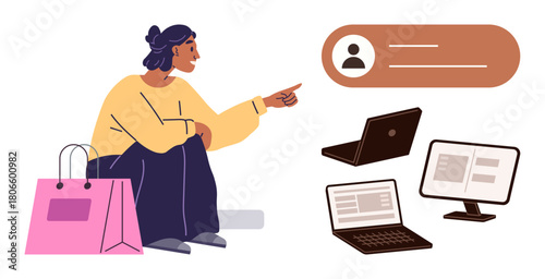 Woman pointing at profile menu with shopping bag, laptops, monitor. Ideal for e-commerce, online services, user experience, digital identity, technology, multitasking simple flat metaphor