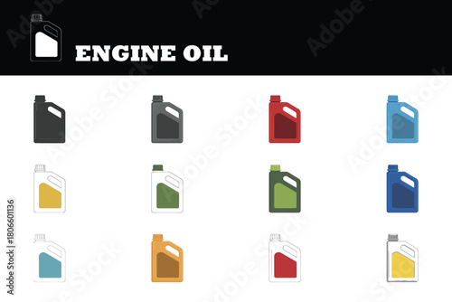 Colorful engine oil container collection for automotive maintenance advertisements and promotional materials for mechanics and vehicle repair shops