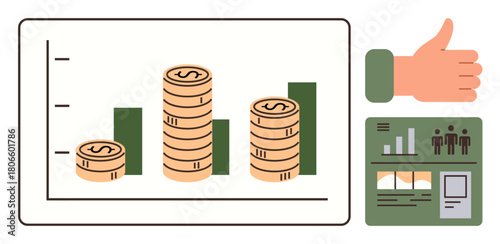 Coin stacks on a bar chart signifying growth, a thumbs-up for approval, and data graphics. Ideal for business, finance, investment, analytics, success marketing economics. Simple flat metaphor