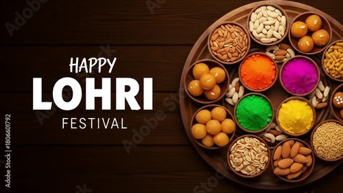 Image is a festive, celebratory graphic featuring a wooden background with a rich, dark brown texture. On the left side, the text 'HAPPY LOHRI FESTIVAL' is prominently displayed. 'HAPPY' is written in