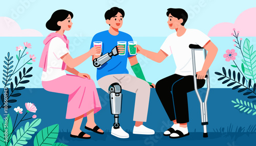 Friends celebrating with drinks in a park with greenery and blue sky  