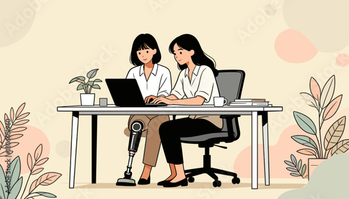 Two women working together on laptop at desk with plant  