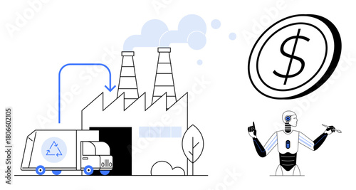 Recycling truck unloading at industrial factory, smoke from chimneys, coin representing cost, AI robot. Ideal for sustainability, AI, industry, cost-effectiveness, robotics recycling innovation