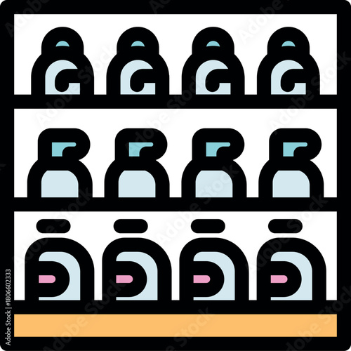 Colorful icon of a supermarket shelf displaying various cleaning products, ideal for retail and commerce related projects