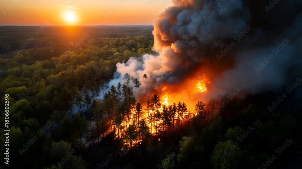 Fototapeta premium Wildfire engulfs forest trees at sunset with smoke billowing in the sky