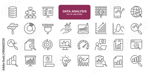 Set of line icons related to data analysis. Outline icons collection