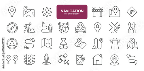 Set of line icons related to navigation. Outline icons collection