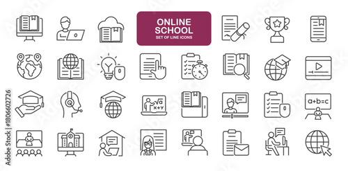 Set of line icons related to online school. Outline icons collection