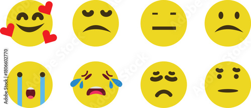 Collection of oval yellow emoji faces expressing various emotions. Eight oval yellow emoji faces are displayed, each with a unique expression ranging from joy to sadness and anger.