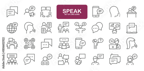 Set of line icons related to speak. Outline icons collection