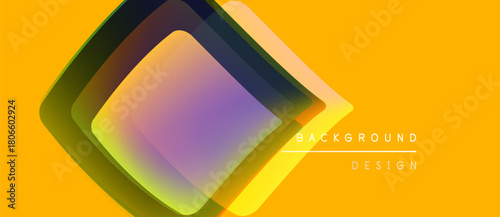 Abstract geometric shapes overlap, creating vibrant color gradients. Yellow background complements layered squares, offering modern design element.