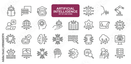 Set of line icons related to artificial intelligence. Outline icons collection