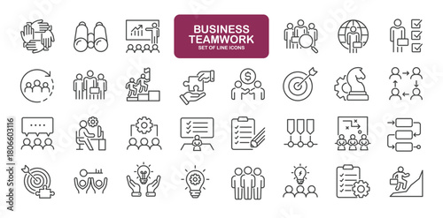 Set of line icons related to business teamwork. Outline icons collection