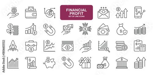 Set of line icons related to financial profit. Outline icons collection