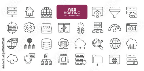 Set of line icons related to web hosting. Outline icons collection