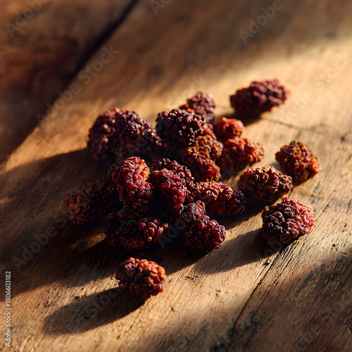 A small pile of dried mulberries sits on a rustic wooden surface, bathed in warm sunlight, highlighting their wrinkled texture and deep reddishbrown color
