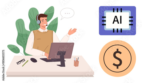 Call center agent at desk with headset, computer, and AI chip alongside dollar sign. Ideal for AI, customer support, financial services, business innovation, automation, fintech technology impact