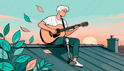 Young man with prosthetic leg playing guitar on rooftop at sunset  