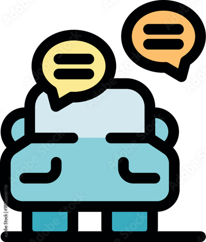 Modern vehicle with chat bubbles symbolizing online car rental and sharing services