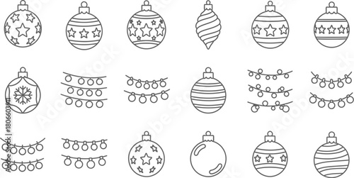 Set of 20 different christmas ornaments in black and white line art style