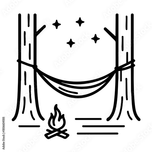 camping hammock tied between two trees with stars overhead