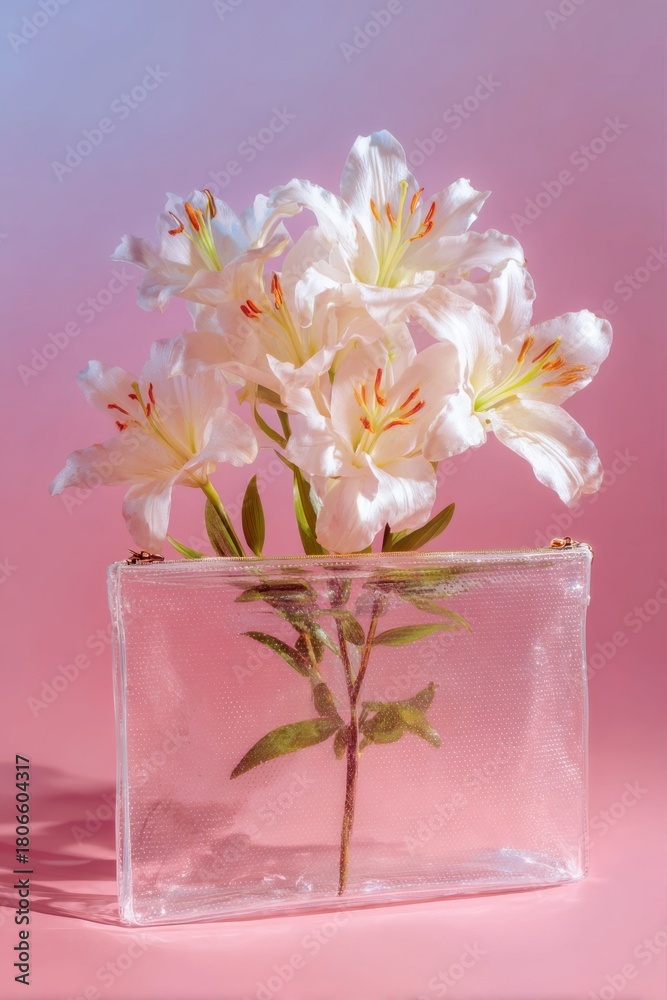 Obraz premium Exquisite white lilies in transparent vase on pastel pink background - floral art for home decor or greeting card design