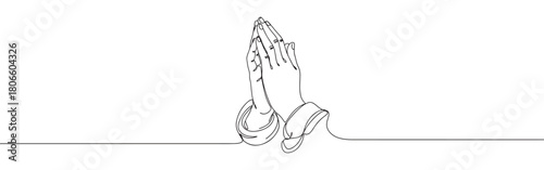 A continuous one-line drawing of praying hands, symbolizing spirituality, faith, and devotion