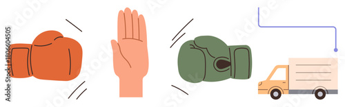 Brown and green boxing gloves, hand gesture in stopping motion, and delivery truck. Ideal for conflict, mediation, cooperation, logistics, decision-making teamwork and negotiation. Simple flat