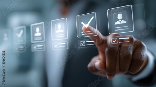 Hand pressing digital login button on transparent interface during secure authentication