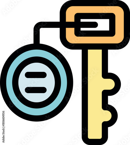 Hotel room key with attached round key fob hanging showing two horizontal lines, isolated on white background