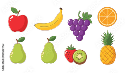 Fruit Icon Set – Strawberry, Banana, Orange, Apple, Peach, Tropical Fruits Vector Illustrations