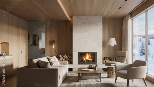 A cozy living room in a wooden chalet with a fireplace