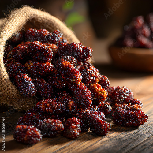 A closeup of dried mulberries spilling from a burlap sack onto a wooden surface, showcasing their wrinkled texture and rich, dark color in a rustic setting