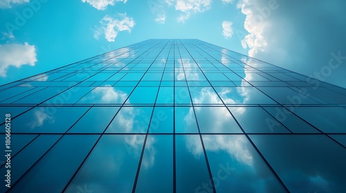 Low angle view of a glass skyscraper reflecting the clouds and blue sky on a bright sunny day